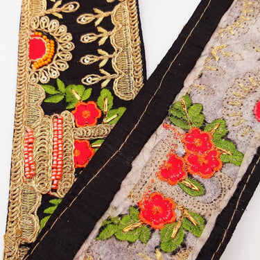 Black Art Silk Fabric Trim With Green, Orange, Red And Gold Floral Embroidery